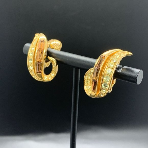 NOS D'Orlan Vintage Gold Plated Brown Crystal Baguette Clip On Earrings 1" - Picture 3 of 5